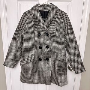 Vintage 1950's Black White Checkered Wool Coat Union Made Lined Volup XL